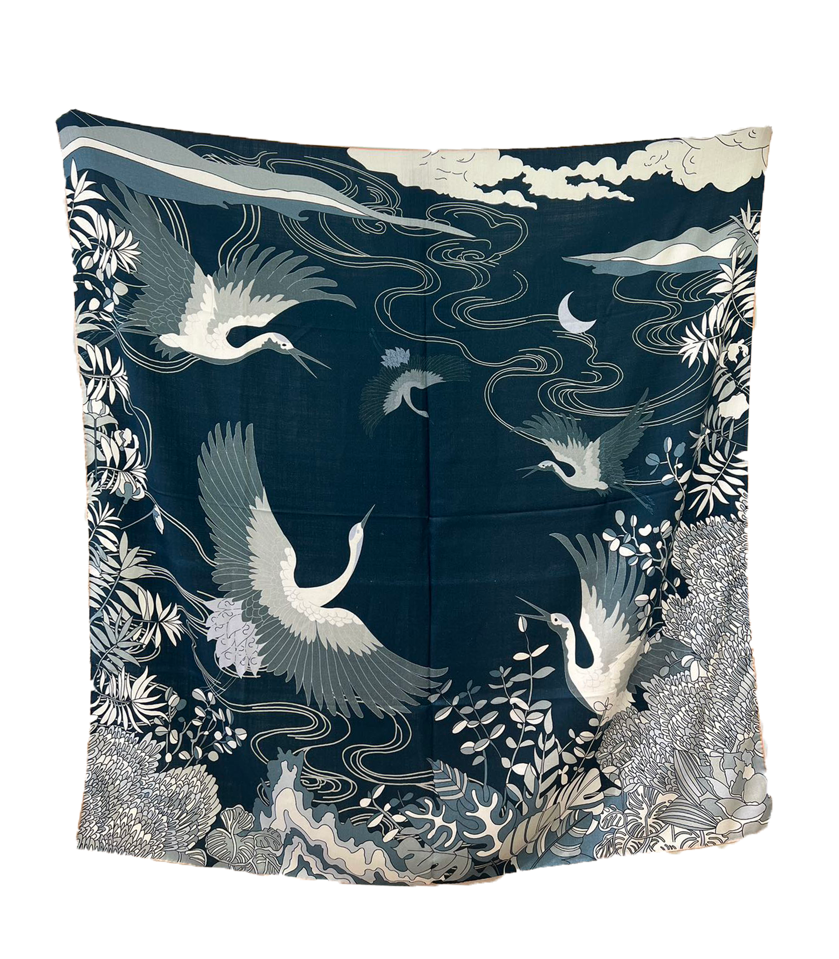 Chinese Crane Auspicious Clouds Silk Wool Scarf