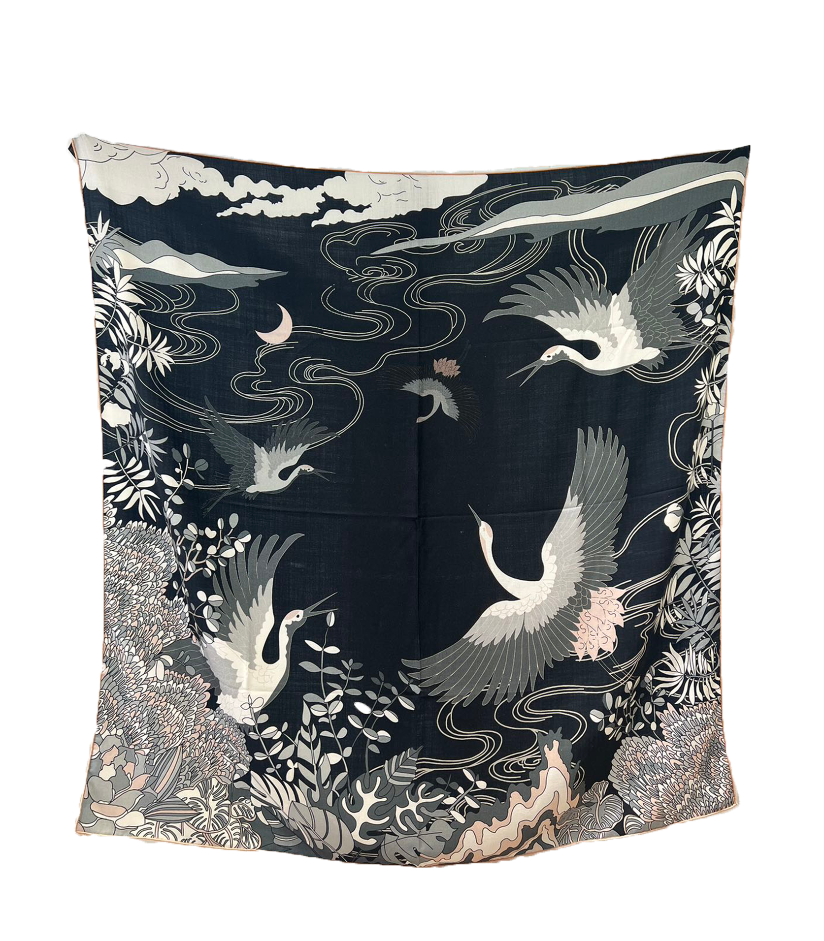 Chinese Crane Auspicious Clouds Silk Wool Scarf